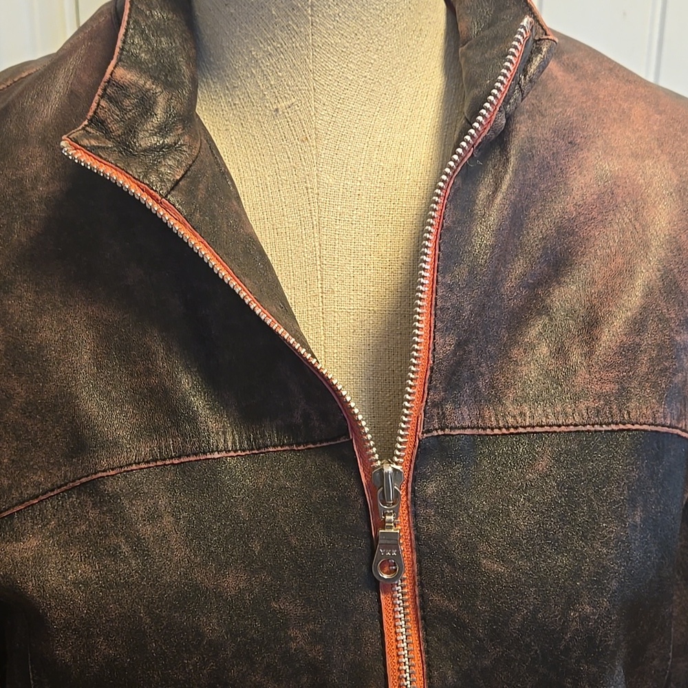 K OSS Womens Rasperry And Brown Distressed Leather Jacket Size Large - Picture 2 of 15